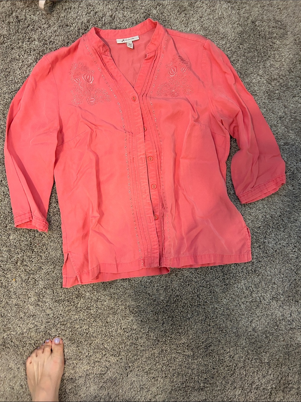 JM Collection Coral Button-Front Embroidered Blouse